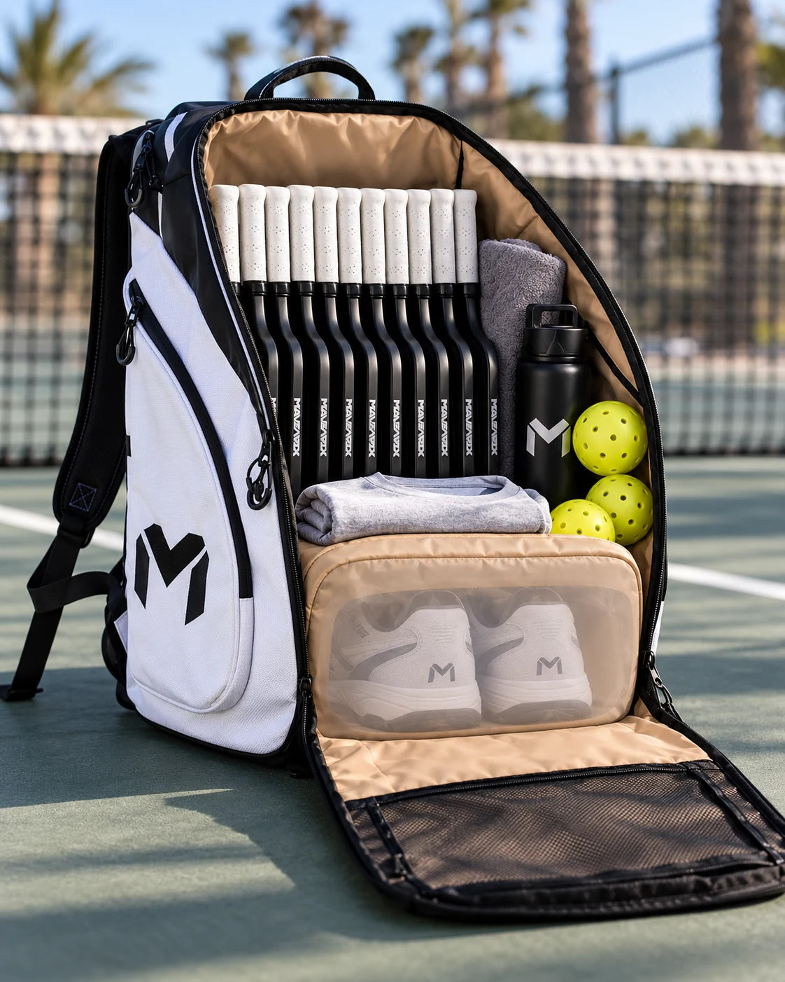 Open Titan Tour Pro packed with paddles, water, balls and a towel. The enclosed bottom shoe compartment is shown transparent for illustration.